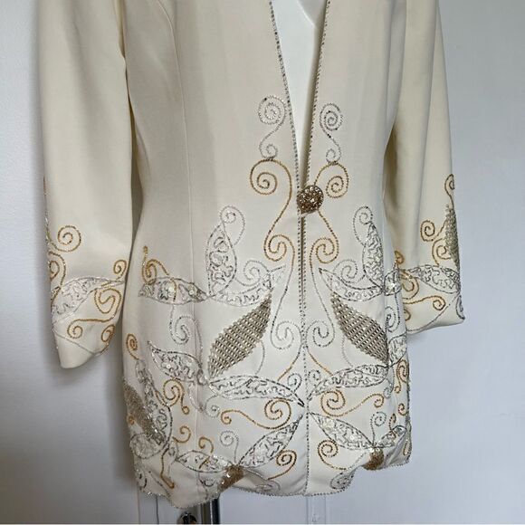 Vintage Nite Line Silver and Gold Beaded white Long Blazer 80s 90s - Picture 3 of 10